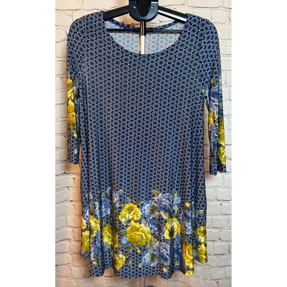 42pops Womens XL Navy Blue Yellow Floral Medallion Dress Top 3/4‎ Sleeve